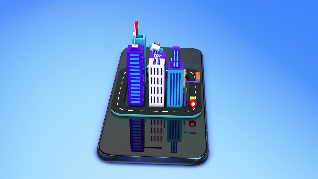 Animazione di città 3D isometrica su smartphone. Città intelligente futuristica. Loop
