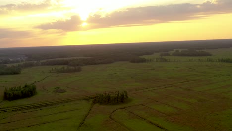 Aerial-view-of-a-hazy-golden-sunset-over-the-countryside-of-Land-O'Lakes-in-Florida