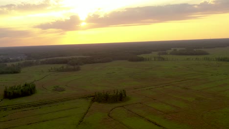 Vista-Aérea-De-Una-Brumosa-Puesta-De-Sol-Dorada-Sobre-El-Campo-De-Land-O&#39;lakes-En-Florida