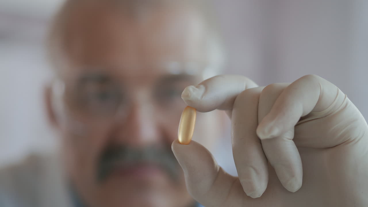 공식적인 회사에서 노인 남성 약 개발자는 손에 약을 들고 그것을보고 있습니다. 코로나 바이러스에 대한 약물. 고품질 4k 영상.