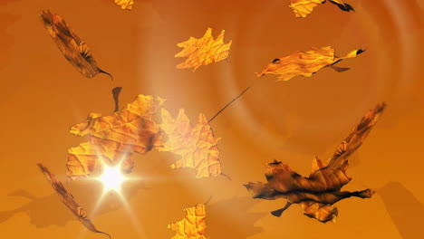 Falling-autumn-leaves-animation-over-bright-sunburst-on-orange-background