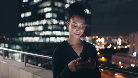 Social-media,-night-chat-and-woman-in-city