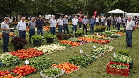 men gathered at an outdoor fresh produce and vegetable exhibition