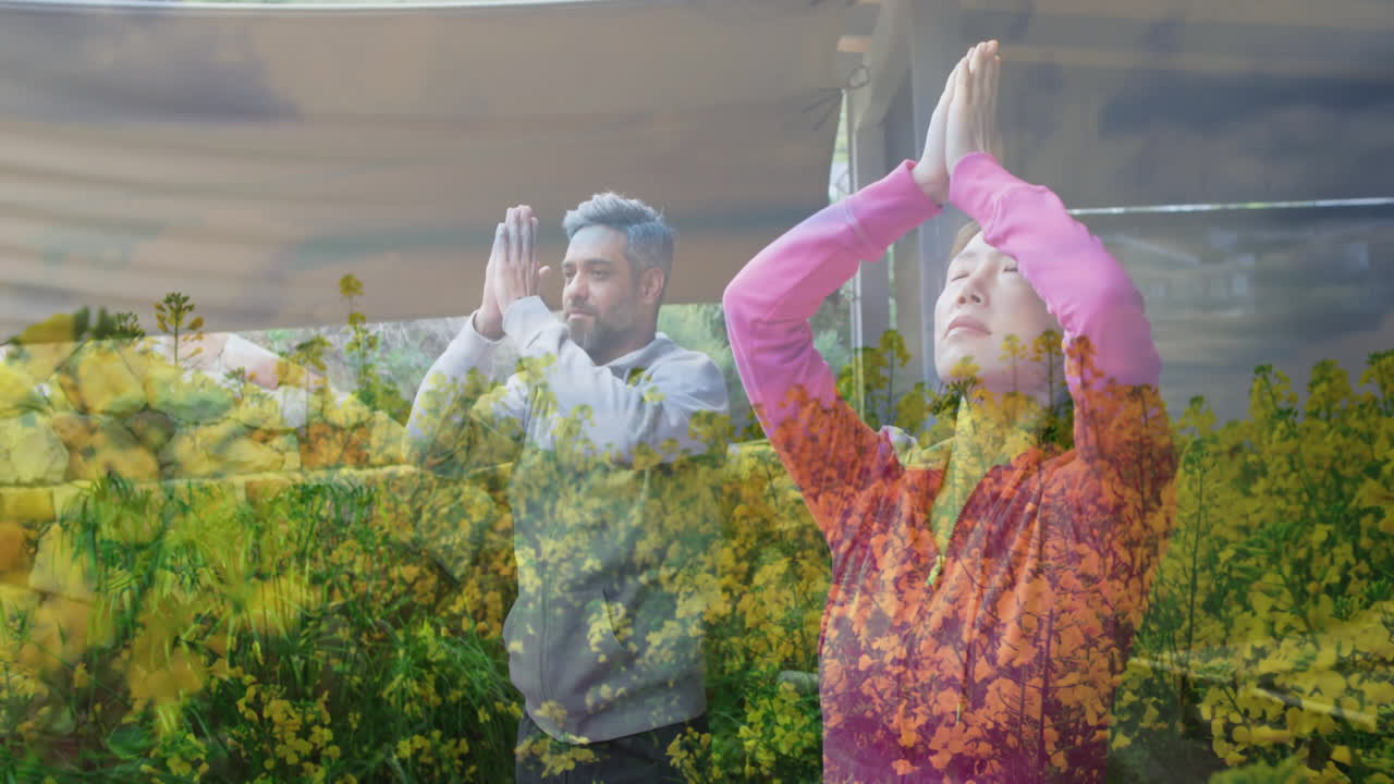 Practicing yoga, people with floral animation overlay creating serene atmosphere