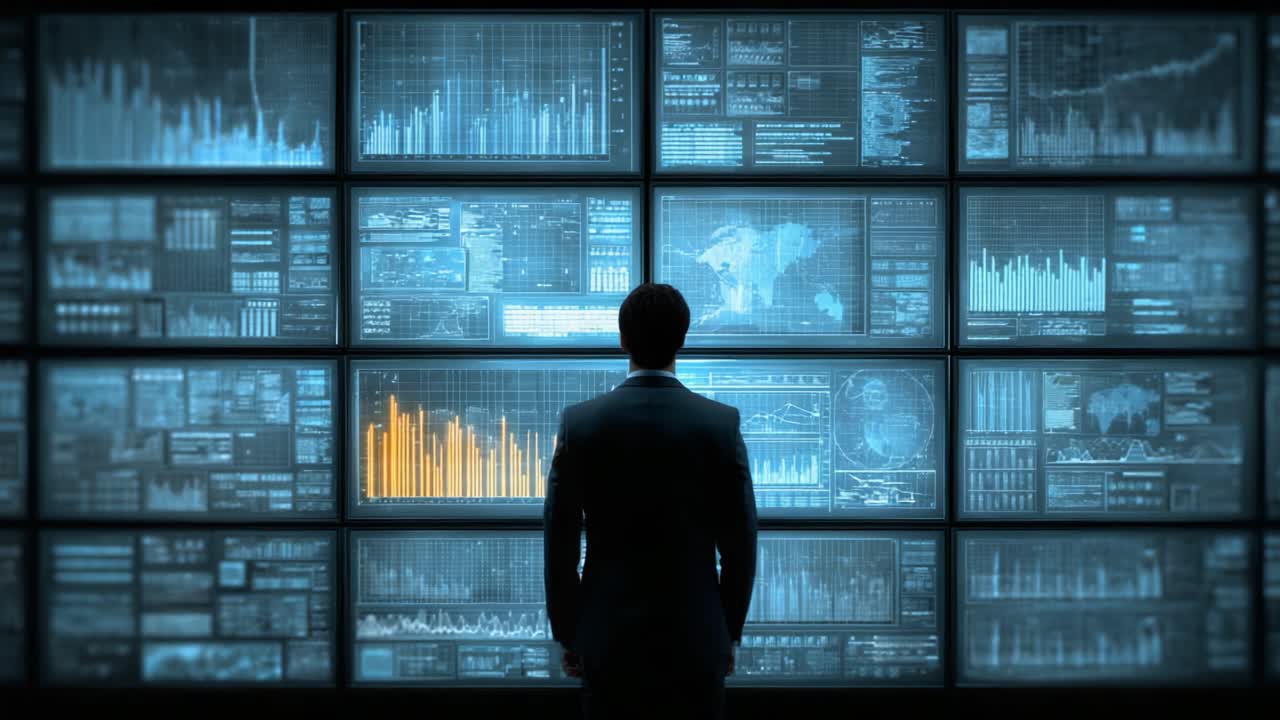 A Business Professional Analyzing Data Visualizations on Multiple Screens in a Modern Control Room, Focusing on Trends, Forecasts, and Insights for Strategic Decision-Making