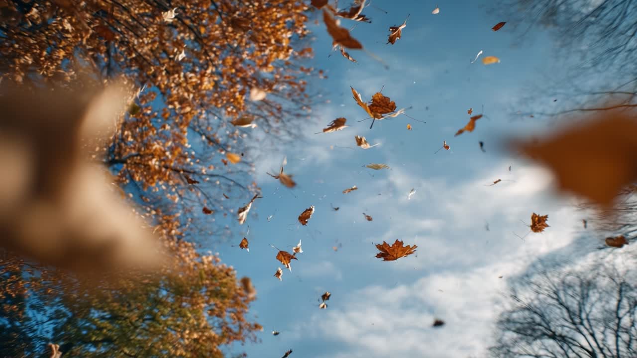 A mesmerizing autumn scene captures vibrant yellow and orange leaves raining down against a stunning blue sky, creating a picturesque backdrop for outdoor enjoyment and reflection