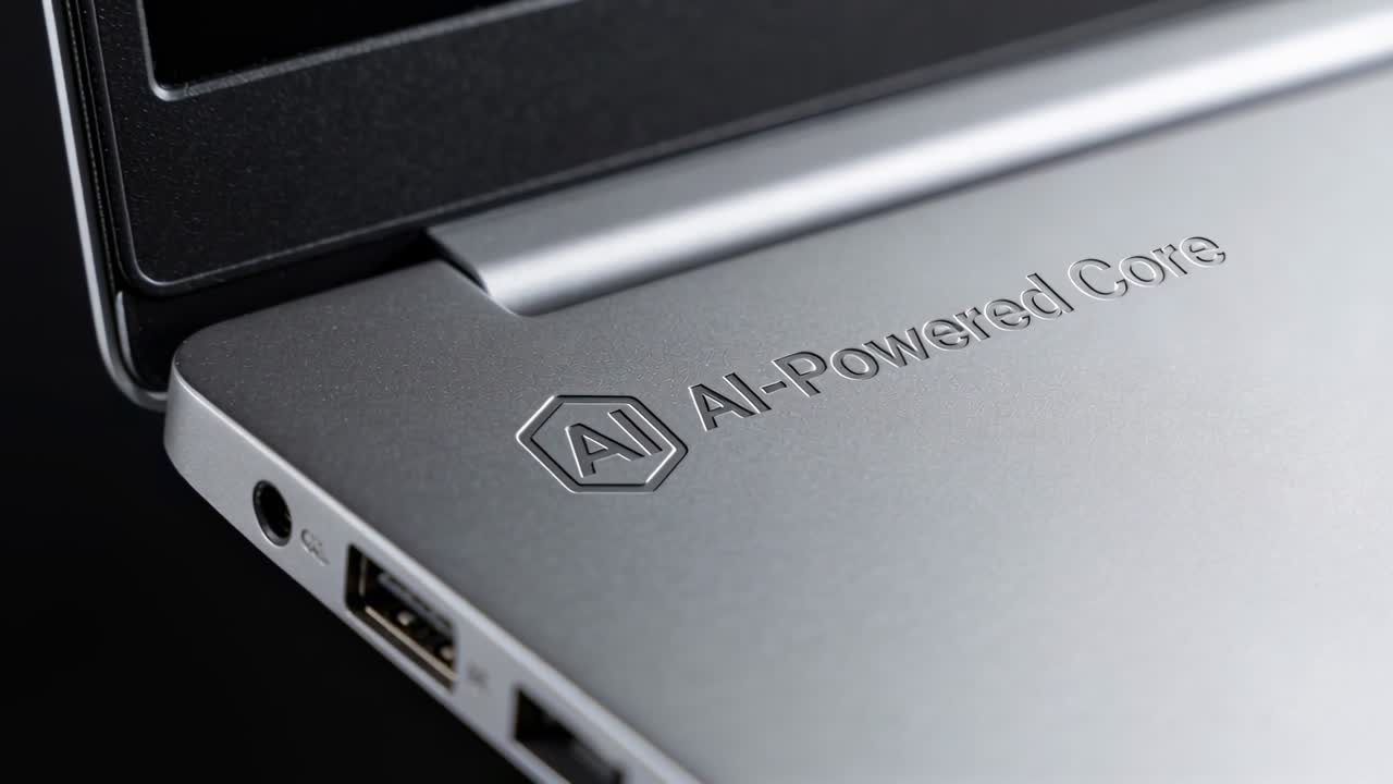 Shifting camera focus and lighting emphasizing laptop hinge at studio, showing AI badge and ports