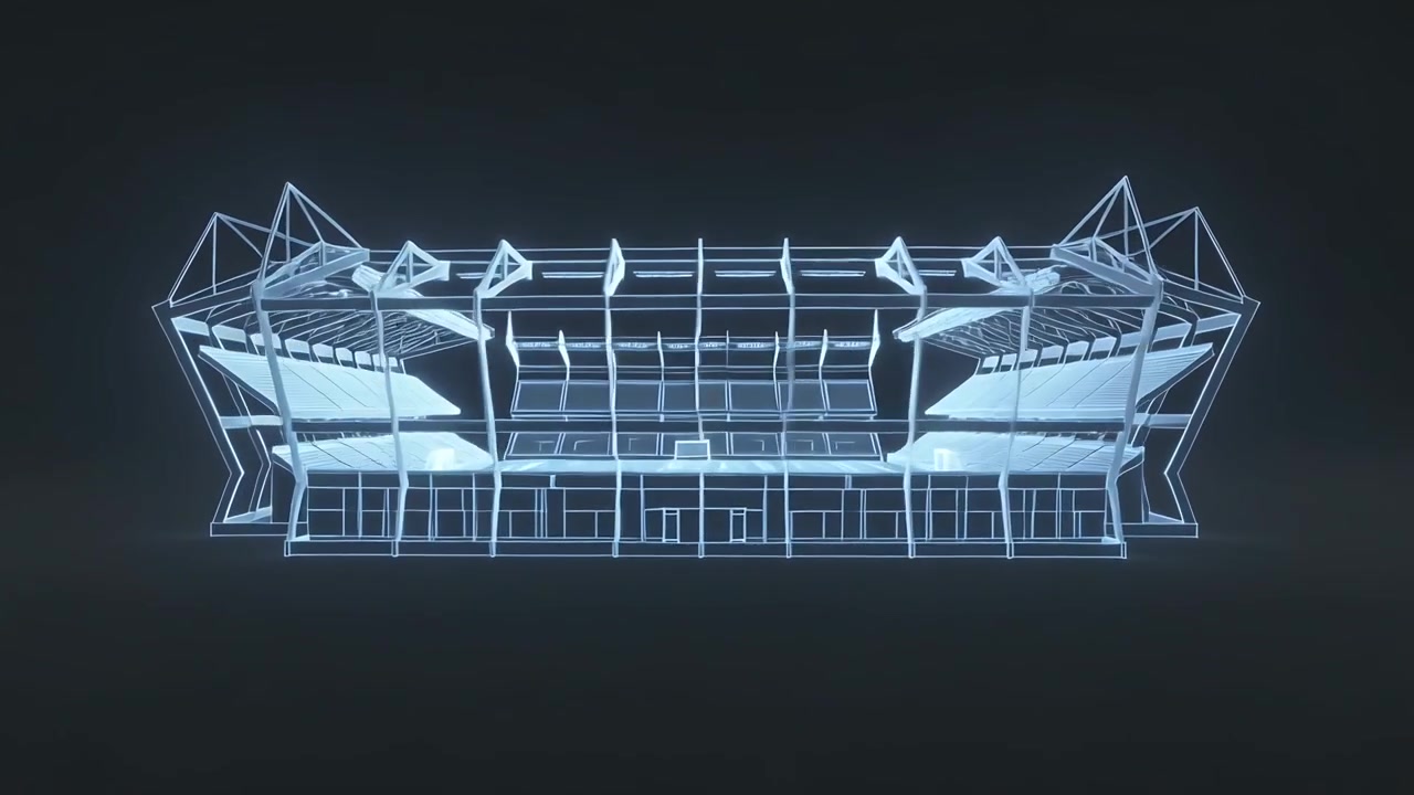 Model stadion kerangka kawat 3D berputar yang menampilkan tempat duduk dan tiang, diputar di studio untuk tinjauan desain.