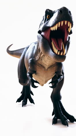 a fierce t-rex toy with its mouth open, showcasing sharp teeth, against a white background