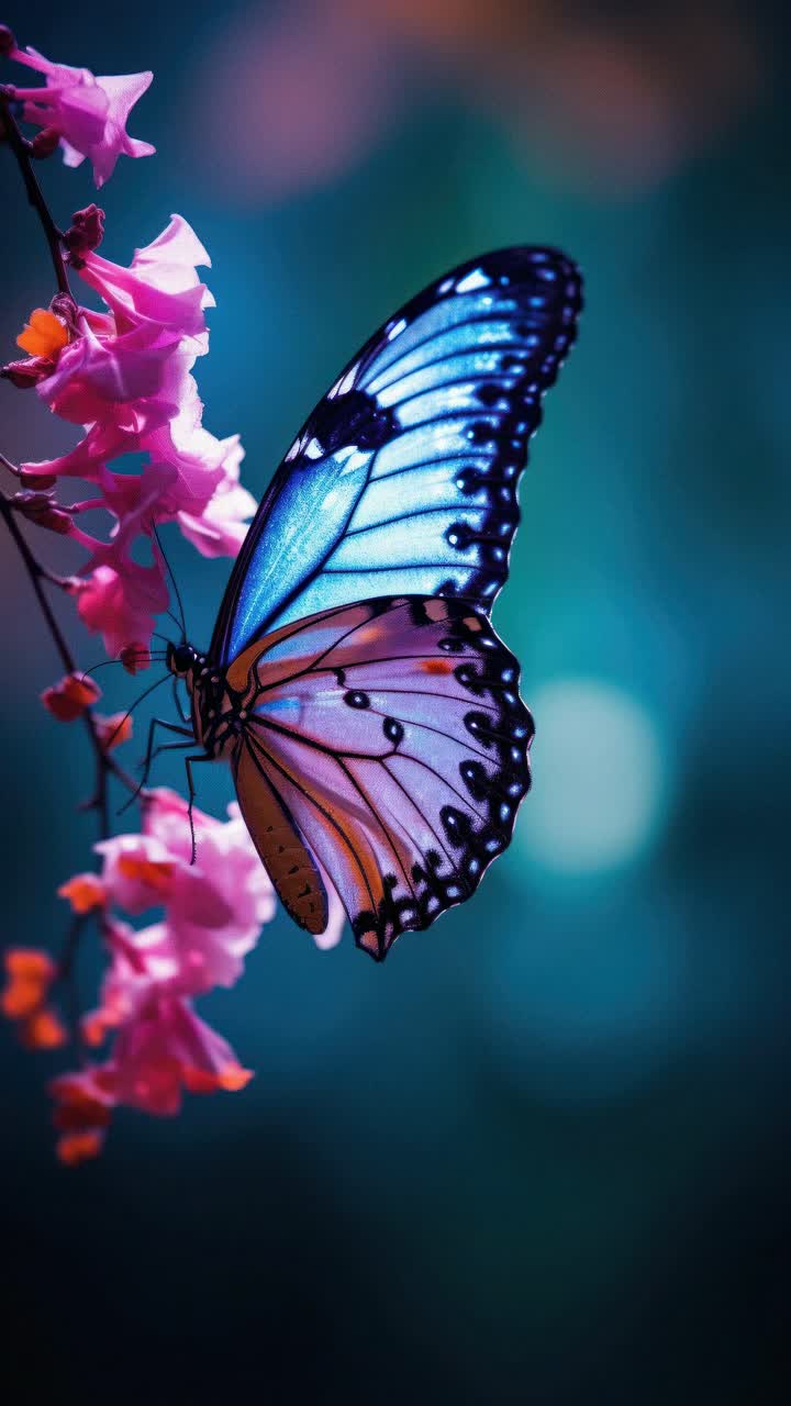 Video ravvicinato di una vivace farfalla blu su fiori rosa, ripreso da un angolo laterale