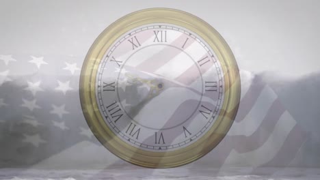 animación del reloj sobre la bandera de los estados unidos