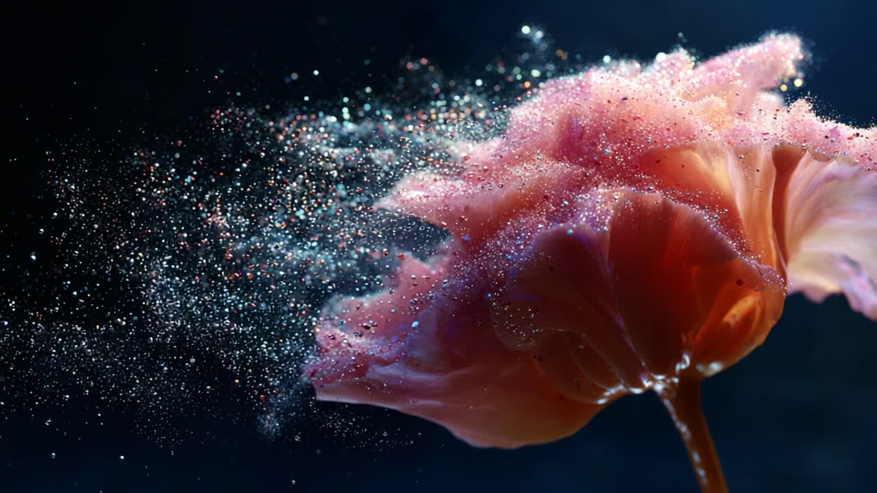 An enchanting bloom dances with vibrant colors and shimmering sparkles, creating a mystical atmosphere that captivates the senses in a stunning visual display