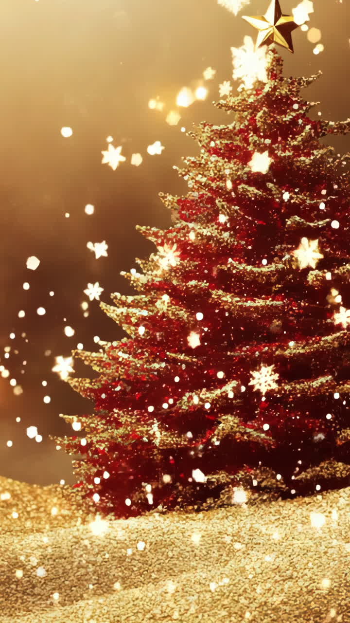 A red christmas tree is in the snow. The snow is falling and the tree is surrounded by it