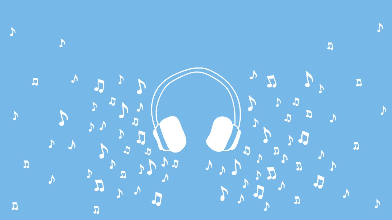 青色の背景に音符に囲まれたヘッドフォンのループ可能なアニメーション