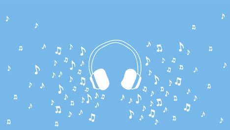 loopable animation of headphones surrounded by musical notes on a blue background