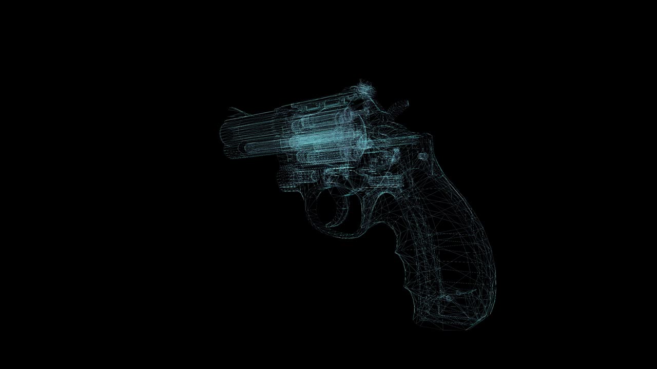 Arm gun Hologram Wireframe. Nice 3D Animation on a black background with a seamless loop for futuristics projects