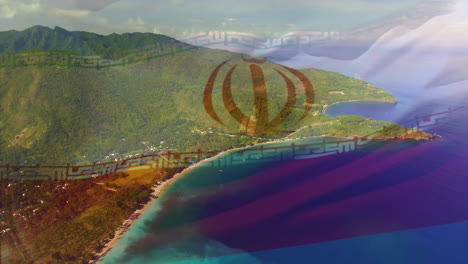 digital composition of waving iran flag against aerial view of the sea