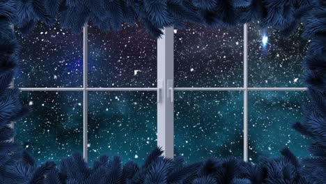 digital animation of window frame against shooting star and snow falling against night sky