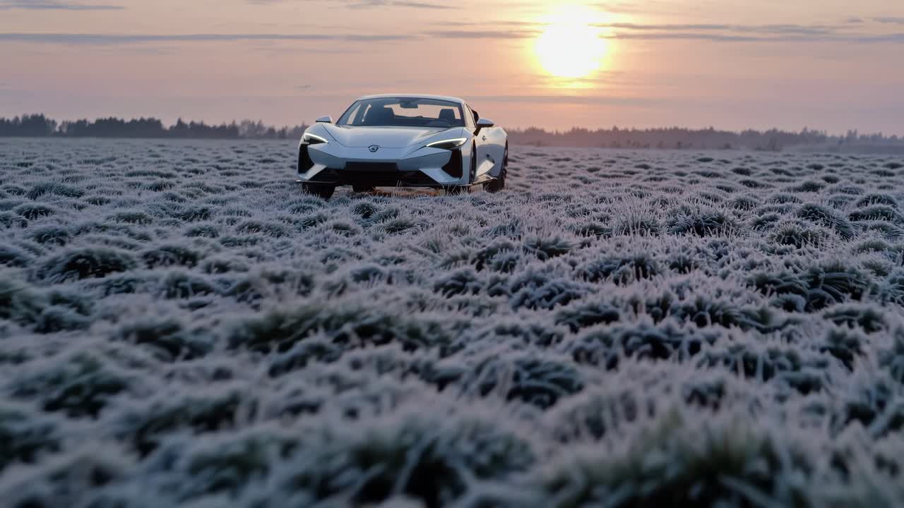 Sleek sports car on frosty field at sunrise, captured from a low angle