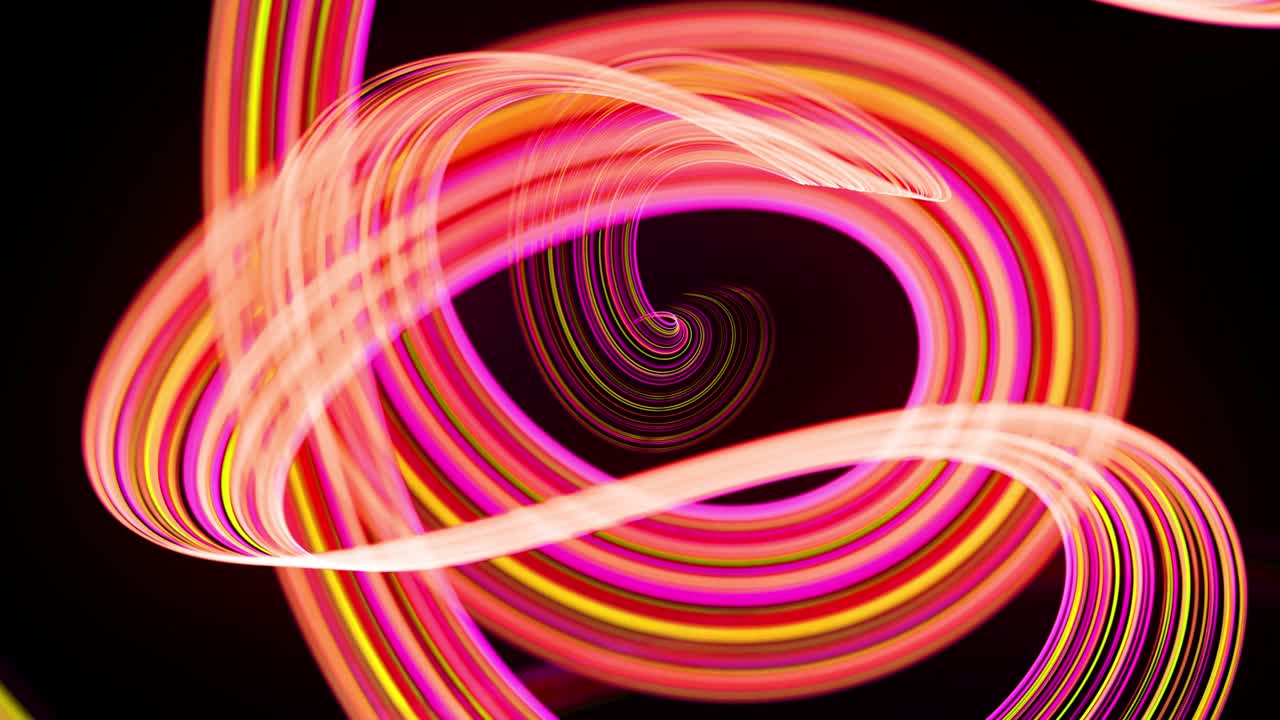 Light flow bg in 4k. Abstract looped background with light trails, stream of green red yellow neon lines in space move to form spiral shapes. Modern trendy motion design background light effect