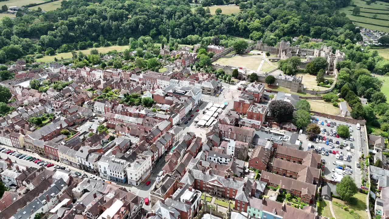 Establishing aerial shot Ludlow Shropshire England historic town centre