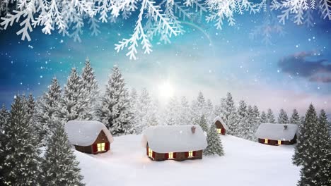 Snow-falling-over-multiple-trees-and-houses-on-winter-landscape