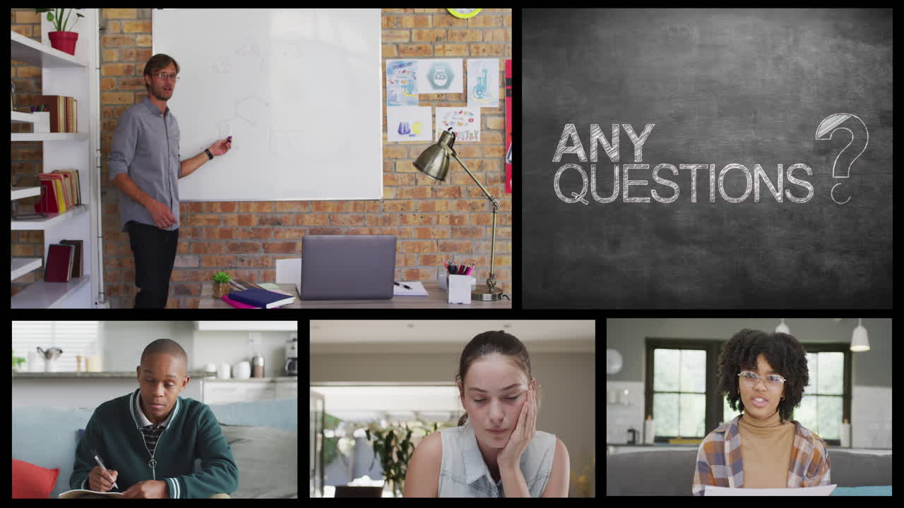 다양한 남성 교사, 학생 및 모든 질문 텍스트의 온라인 전화 화면