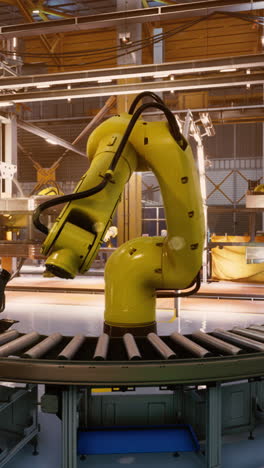 a yellow robotic arm in a factory setting, positioned over a conveyor belt.