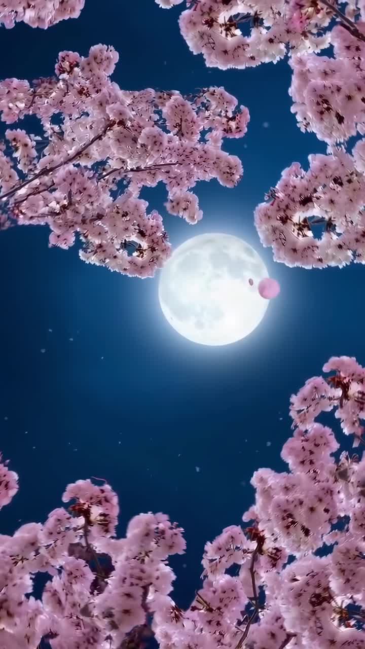 仰角視訊捕捉櫻花環繞著一輪滿月，營造出寧靜的畫面。