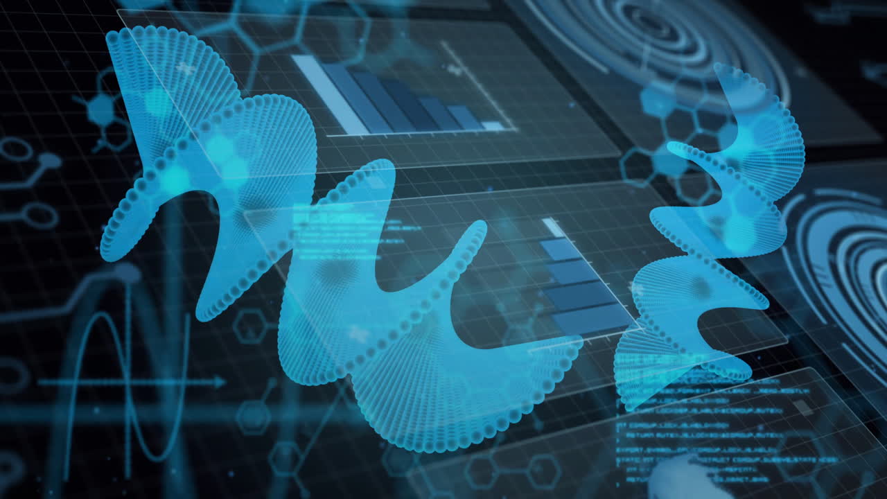 Animation of blue spirals spinning over financial data processing and chemical formula