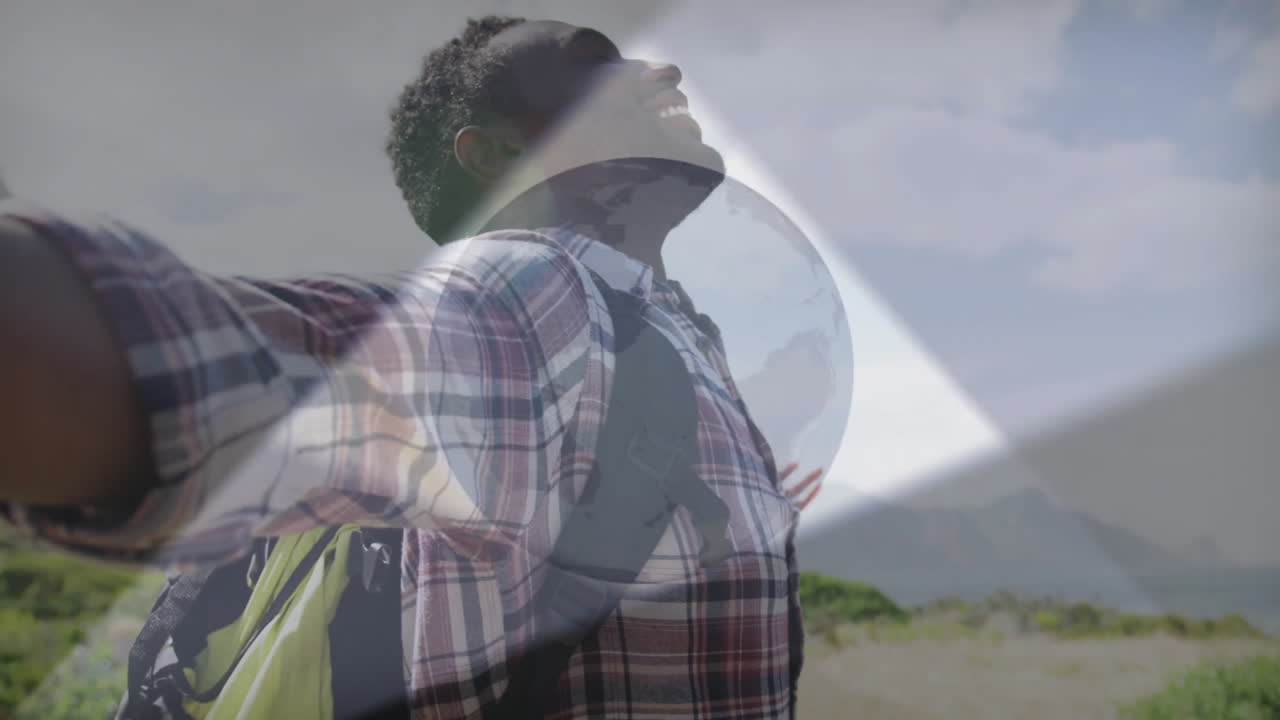 Male hiker stretching arms in grassy meadow with backpack, showing health with animated data icons