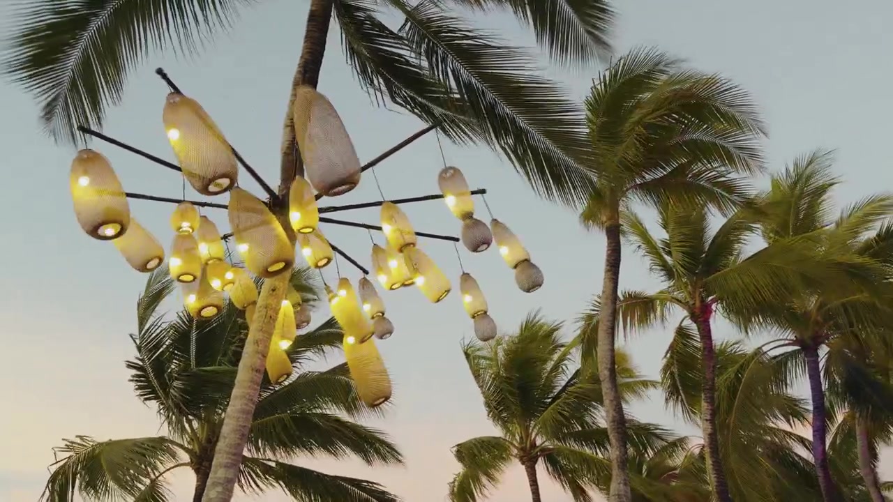 Static shot of illuminated decorative lanterns hanging among palm trees against a soft sunset sky at a tropical beach resort. · 4K DCI 25fps