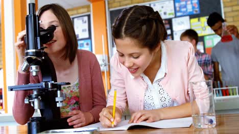 Attentive-students-looking-through-microscope-in-laboratory