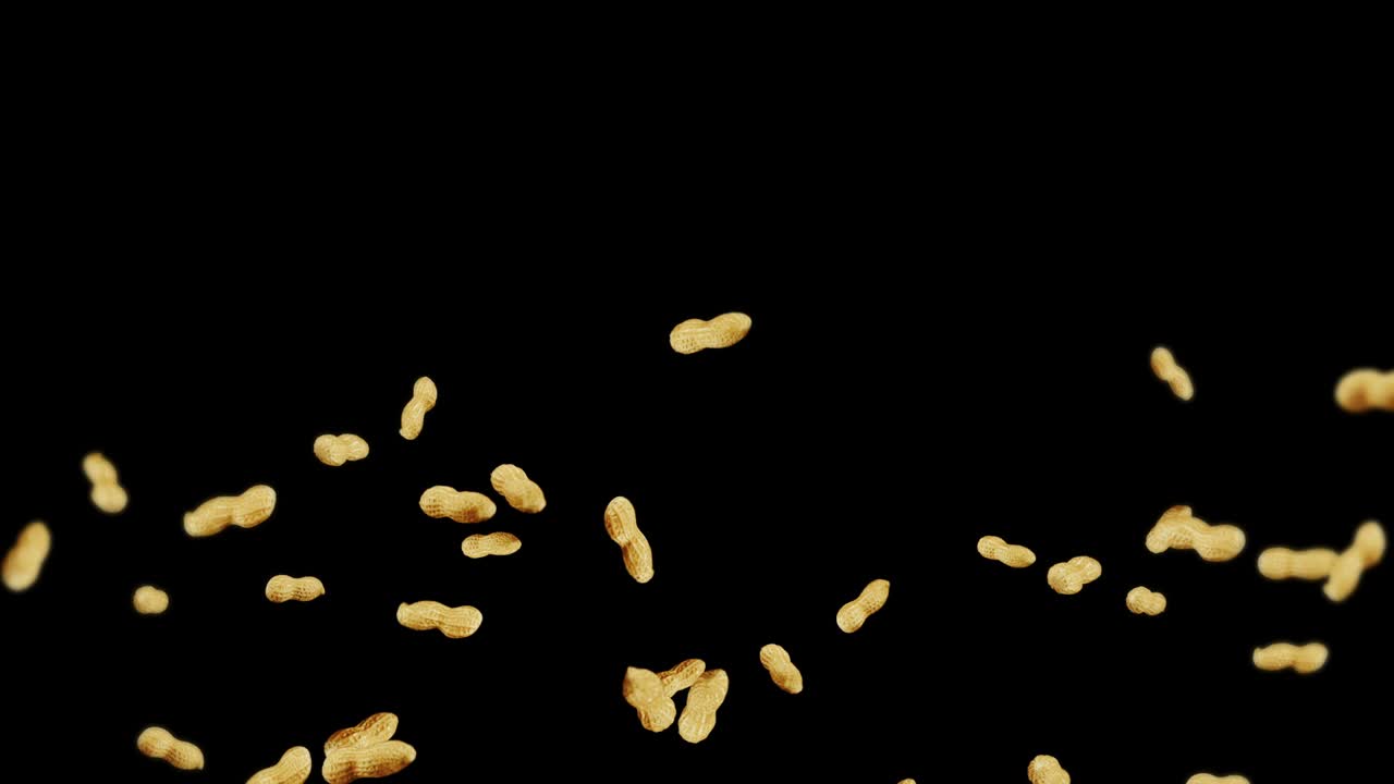 volare molte arachidi su sfondo nero. arachidi crudi. arachidi in gusci. cibo biologico sano. animazione a ciclo 3d della rotazione dei semi.