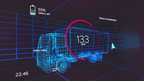 animación del número cambiando en círculo con el icono de la batería sobre el modelo 3d del camión en el patrón de cuadrícula.