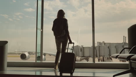 a woman with luggage goes to a large window in the airport terminal outside the window you can see a