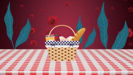 animation of rose icons over picnic basket with food on table