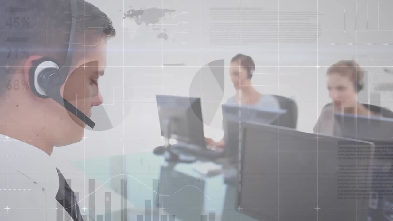 animación del procesamiento de datos financieros sobre diversas personas de negocios con auriculares telefónicos