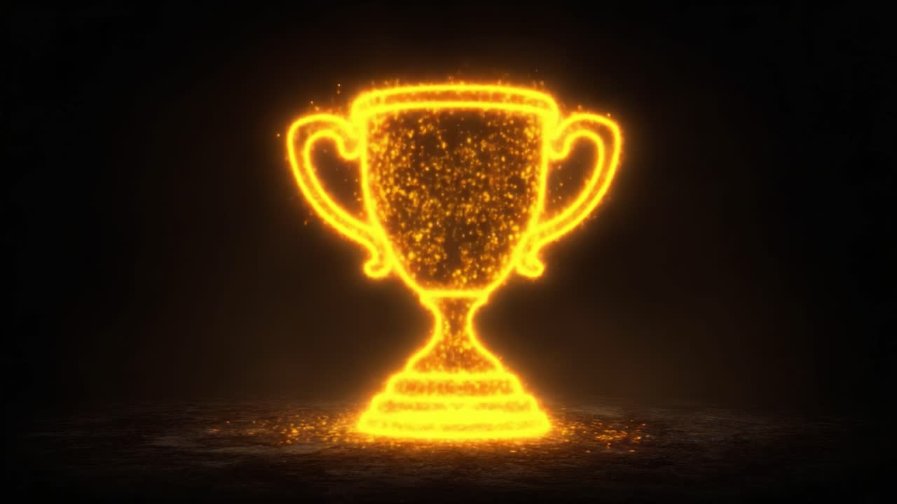 Un trofeo scintillante che simboleggia vittoria e successo, illuminato da una scintillante luce dorata su uno sfondo scuro, che rappresenta il successo in competizioni o obiettivi personali.