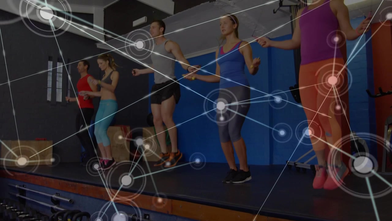 Five exercisers on cue doing sync rope jumps for cardio, animated nodes overlaying group rising