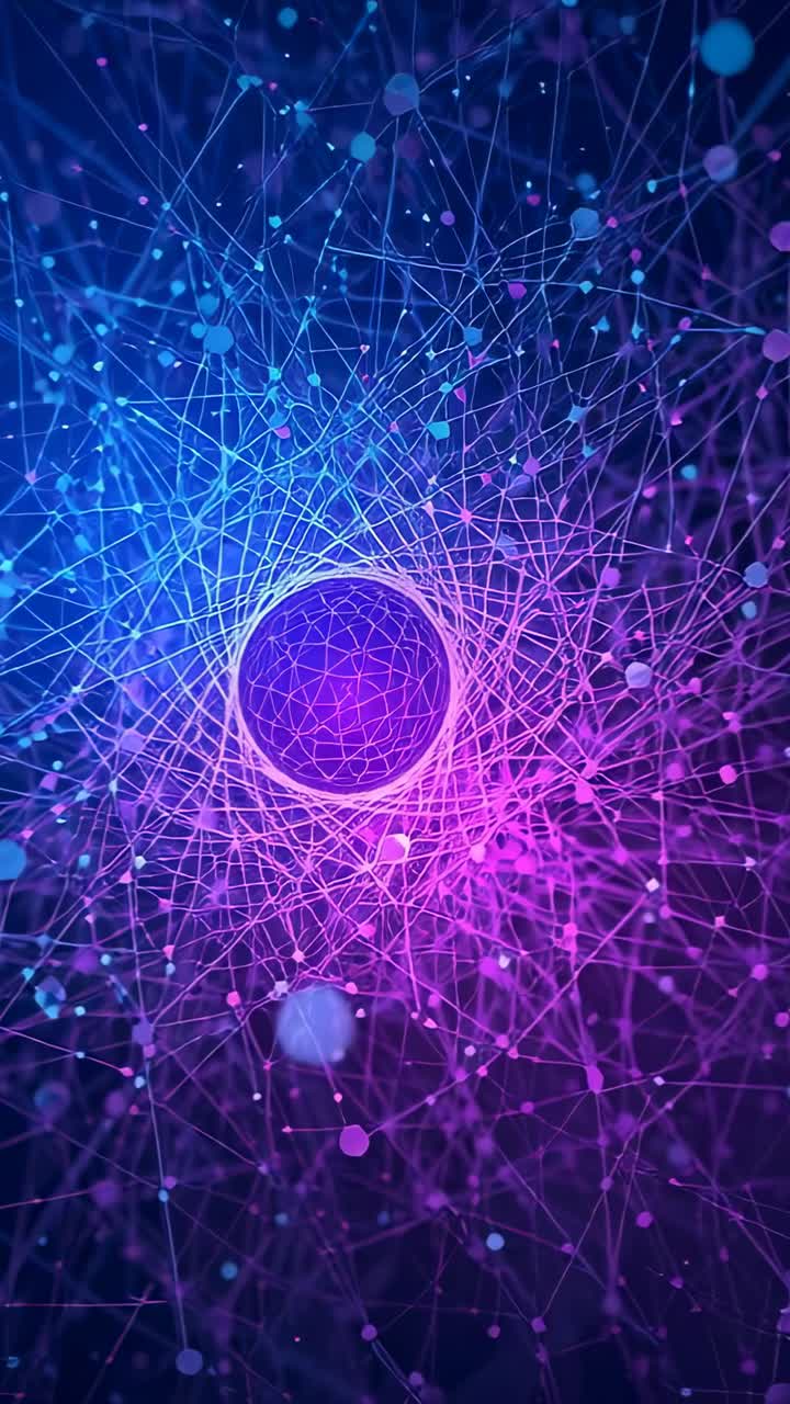 Video verticale: anello che zooma in un vuoto viola, tirando filamenti per rivelare la trama interna.