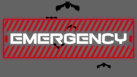 animation of warning text emergency, over bats, on grey