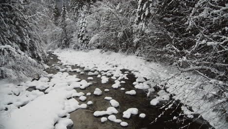 fresh water flowing on rocky stream with snow during winter season at kokanee creek provincial park in bc, canada