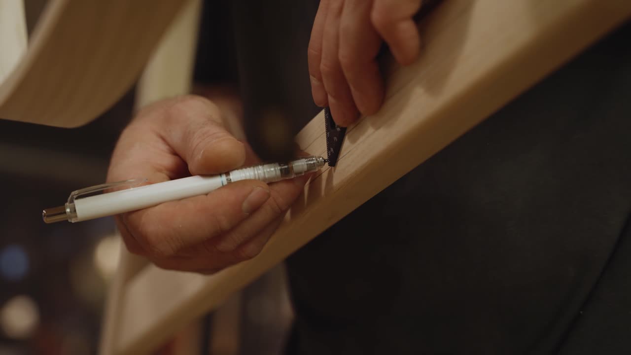 Primo piano di un artigiano che disegna linee precise su un pezzo di legno usando un righello di metallo e una penna, evidenziando accuratezza, attenzione e artigianato tradizionale nella lavorazione del legno