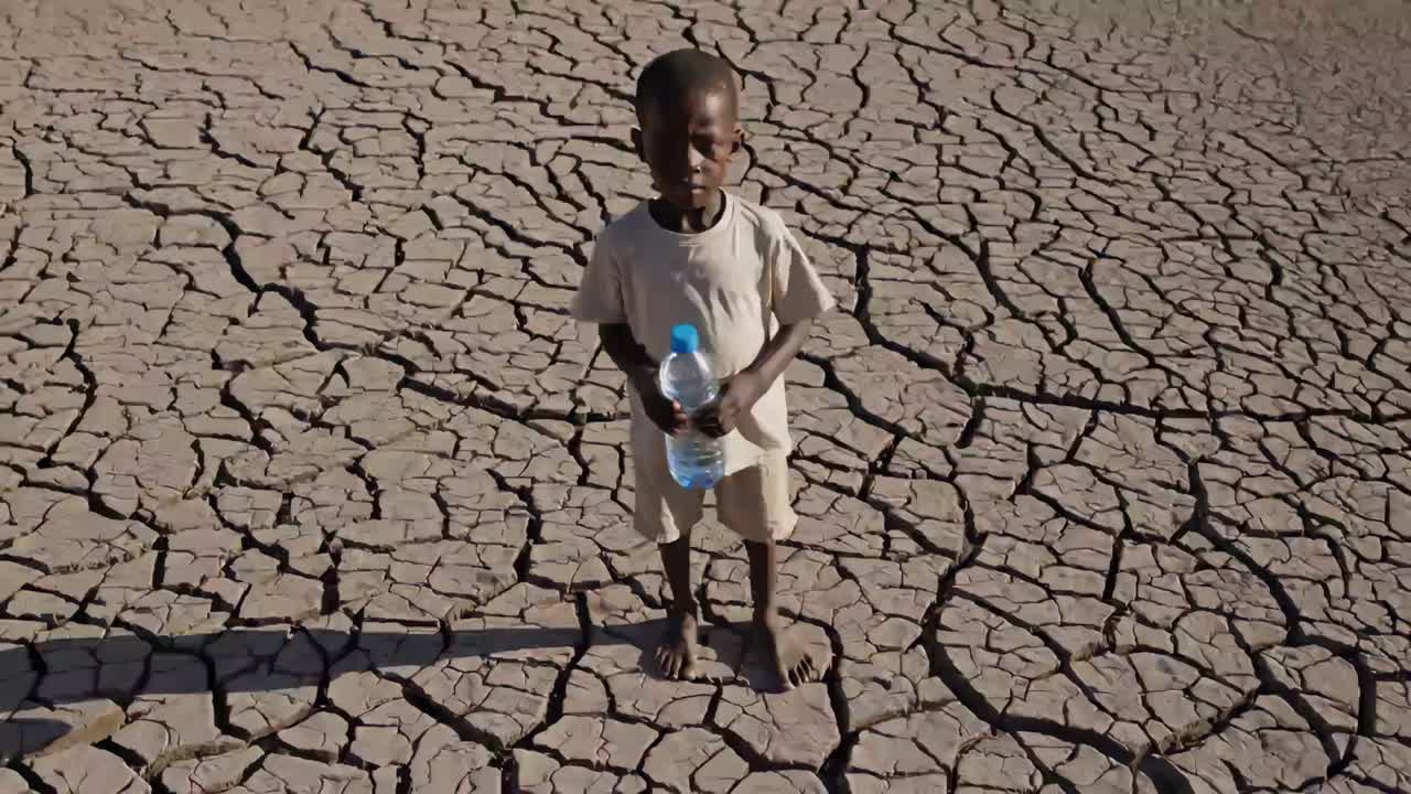 niño joven de pie en la tierra seca y agrietada, agarrando una botella de agua de plástico, simbolizando el impacto devastador de la sequía y la escasez crítica de agua en un paisaje árido