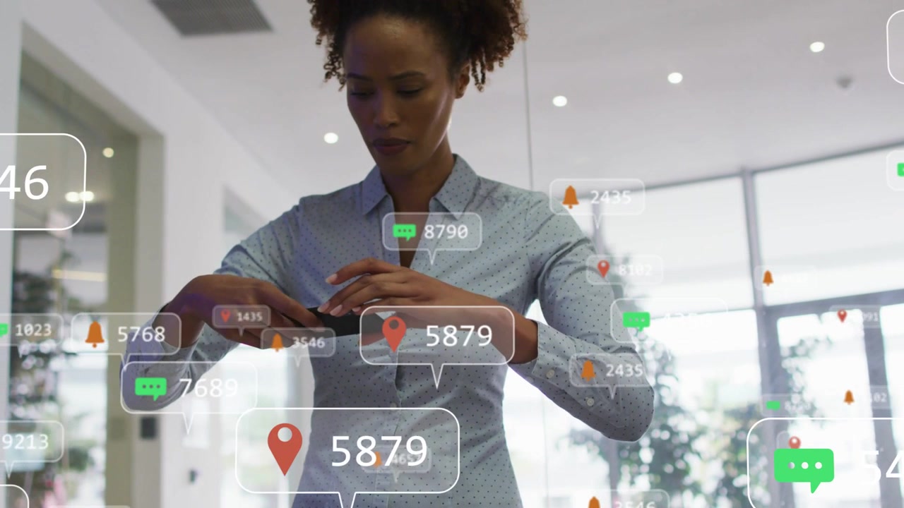 Vertical video: Office woman noticing notifications tapping and rotating phone while icons floating