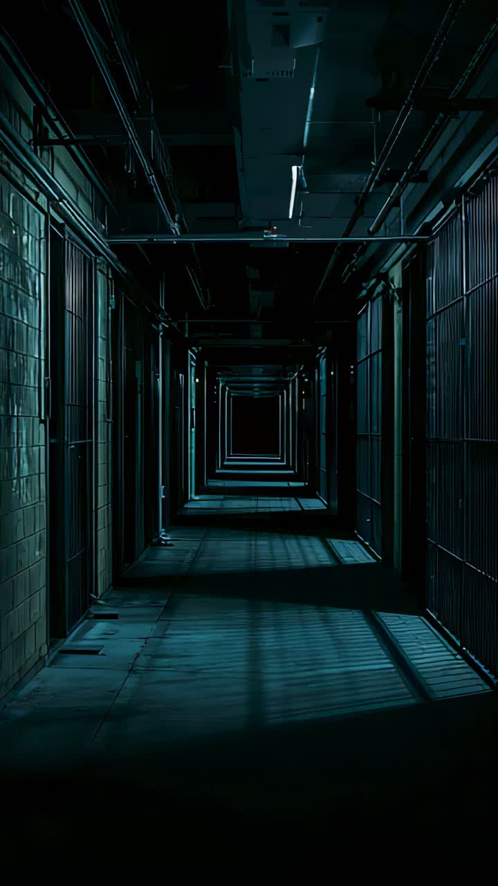 Vertical video: Pushing camera moving down narrow corridor to show vanishing point, bars and lights