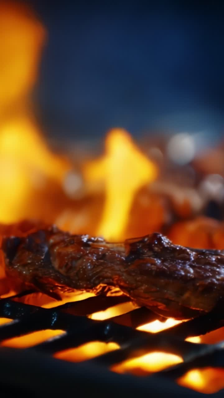 Carne a la parrilla chisporroteando sobre llamas de carbón: una muestra cautivadora de técnicas de cocina a la barbacoa y arte culinario lleno de sabor
