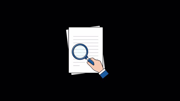 Mano animata con lente d'ingrandimento che scansiona un documento