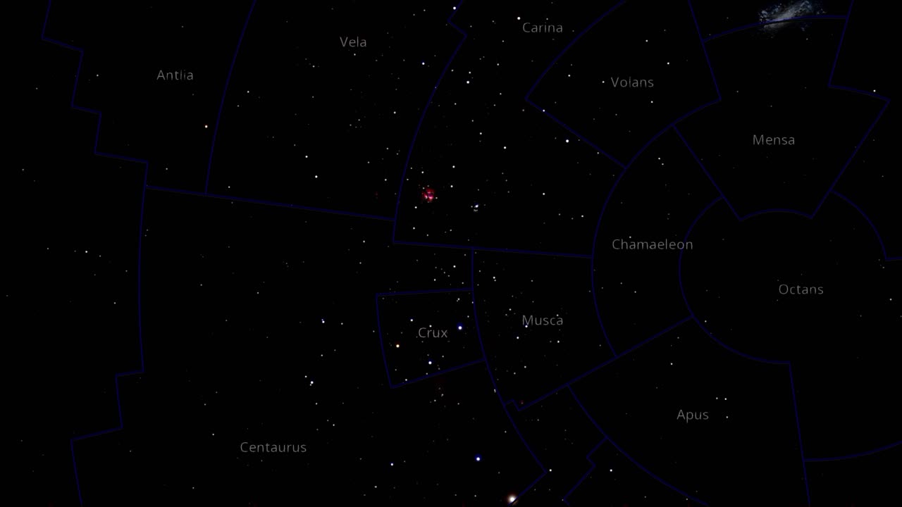перемещающаяся по часовой стрелке карта со звездными созвездиями, на которой синим цветом выделено множество звезд с сетками вокруг них